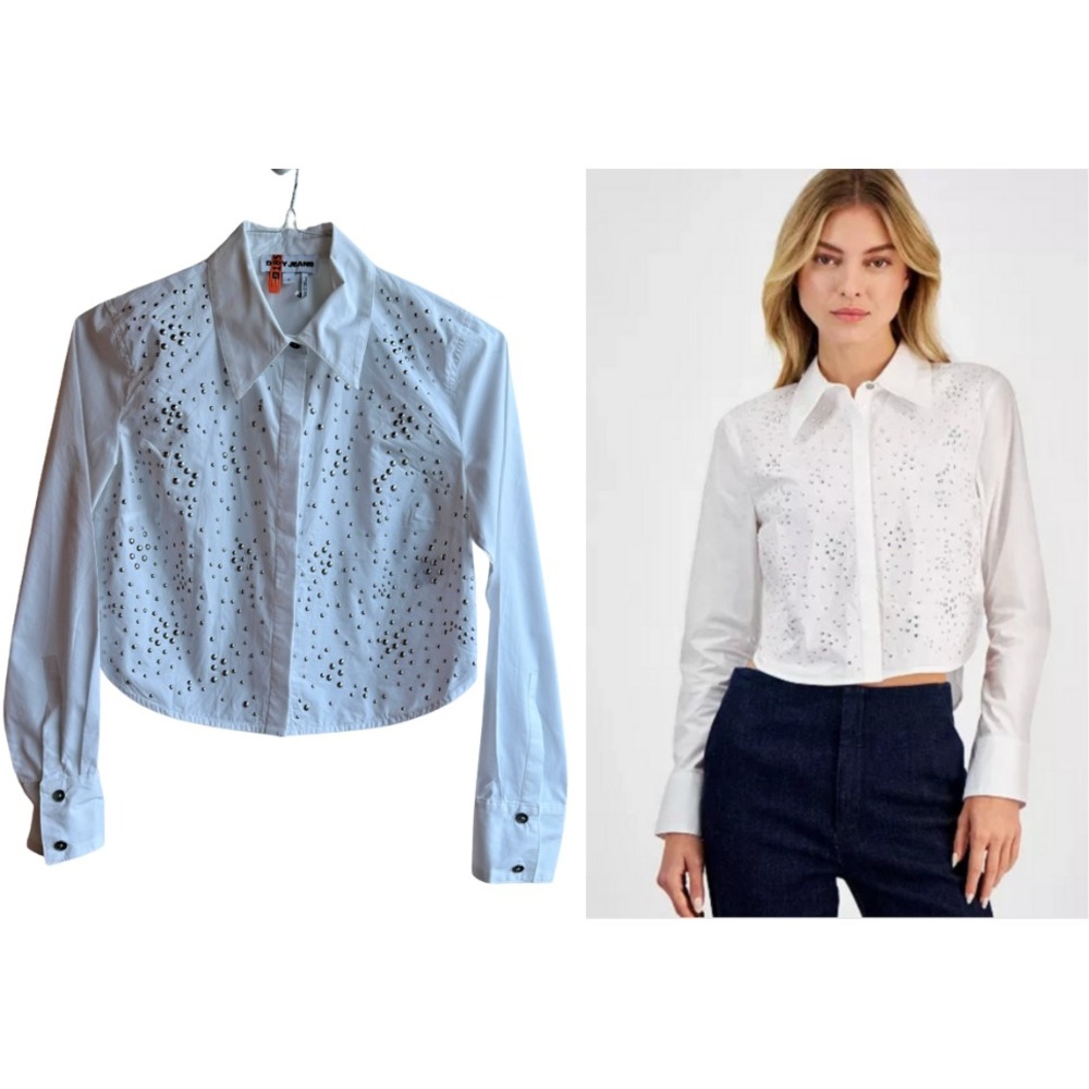 DKNY Women's Small Jeans Studded Cropped Cotton Shirt  EUC Button Front
